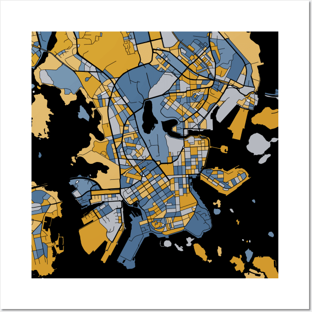 Helsinki Map Pattern in Blue & Gold Wall Art by PatternMaps